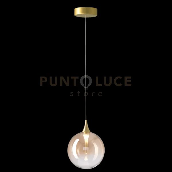 Lampada a sospensione bolla, metallo oro + paralume in vetro ambra,...