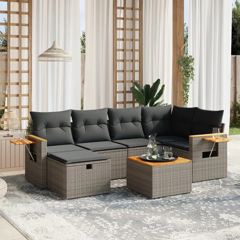 Set divani da giardino 7 pz con cuscini grigio in polyrattan