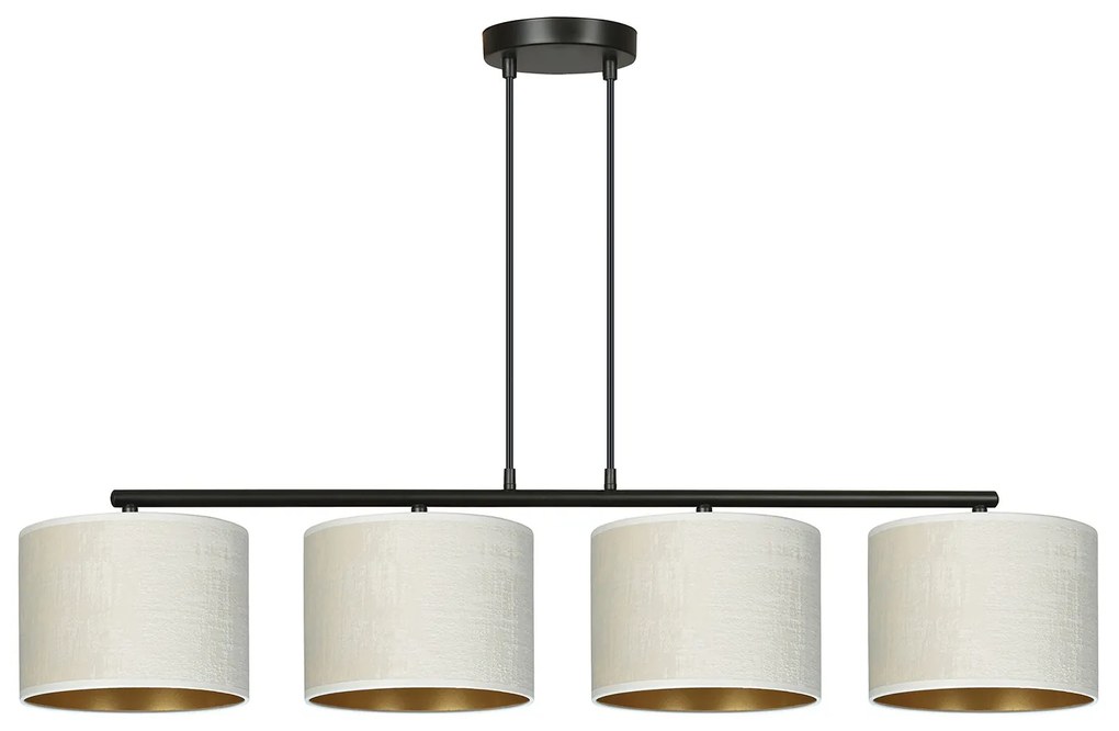 Lampadario 4 Luci Ganesha In Acciaio Nero E Paralumi In Tessuto Beige