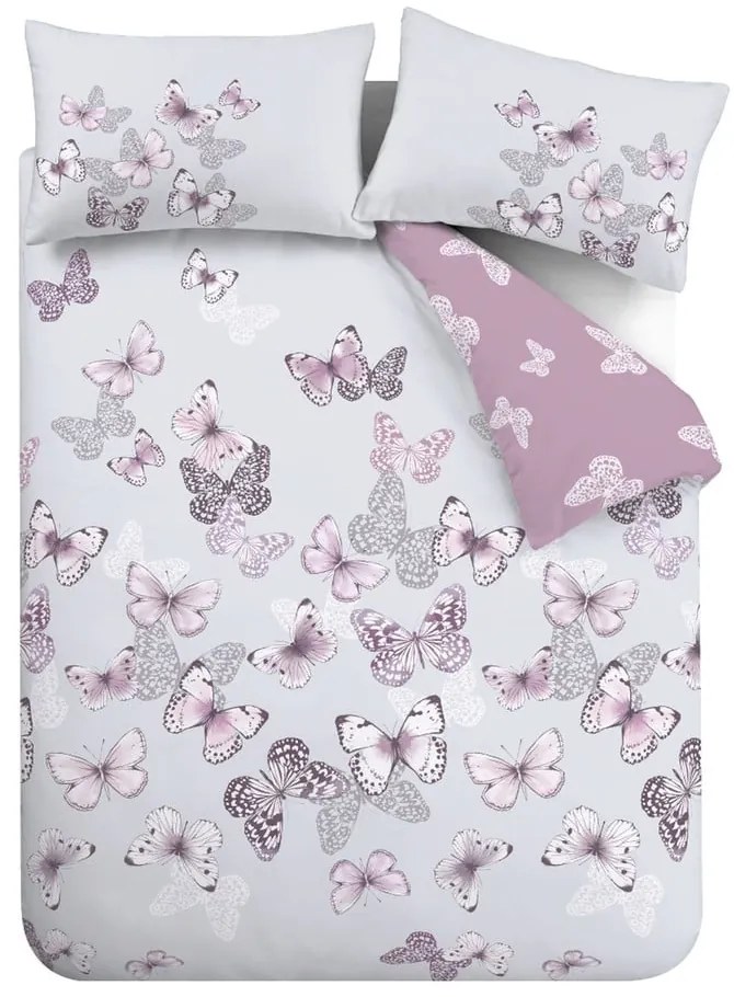 Set copripiumino e federa rosa e grigio chiaro per letto matrimoniale e per letto esteso 230x220 cm Scatter Butterfly – Catherine Lansfield