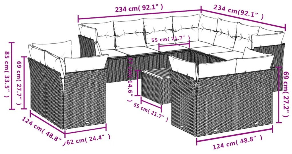 Set Divani da Giardino 12 pz con Cuscini Grigio in Polyrattan