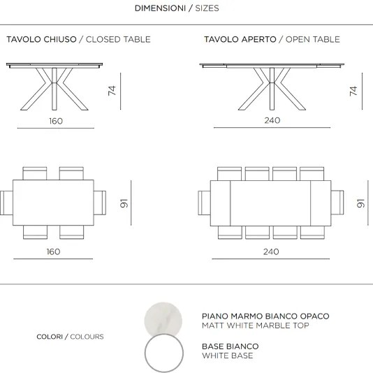 Tavolo allungabile a 240 cm in pietra effetto marmo Bianco SKY