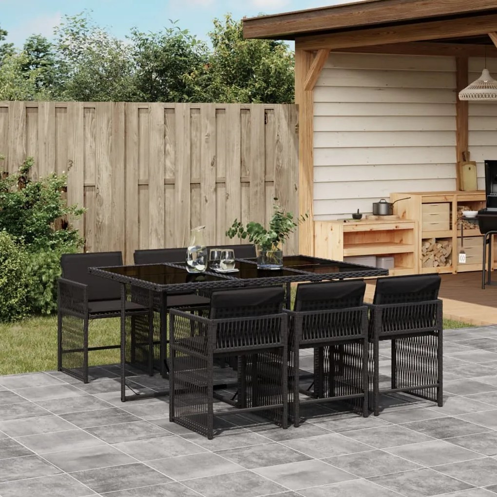 Set da pranzo da giardino 7 pz nero con cuscini in polyrattan