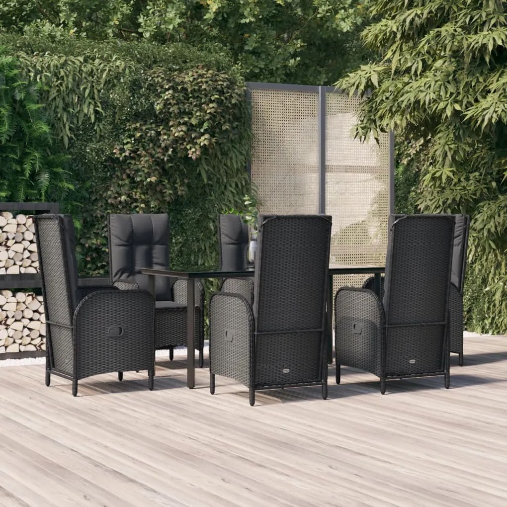 Set da pranzo da giardino 7 pz nero con cuscini in polyrattan