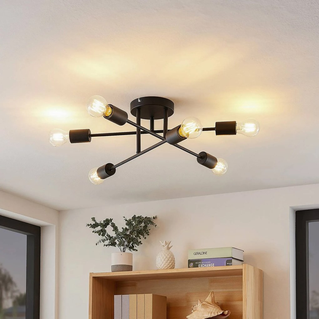 Plafoniera soffitto Estar Lindby, dimmerabile, Nero, Soggiorno / Sala da pranzo, Metallo, Vintage, Plafoniera
