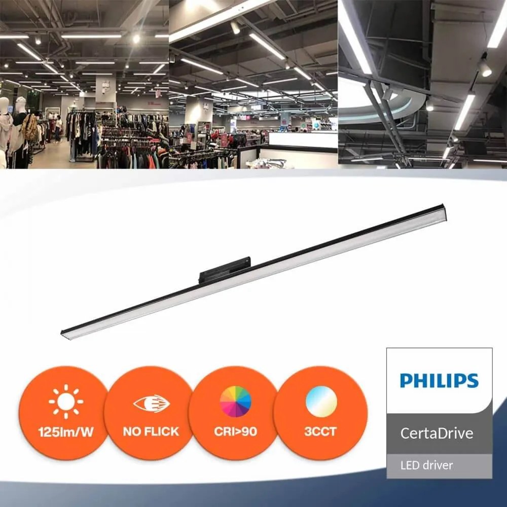 Lampada LED Lineare 42W, Trifase 120cm 90° Nera con driver Philips Colore Bianco Variabile CCT