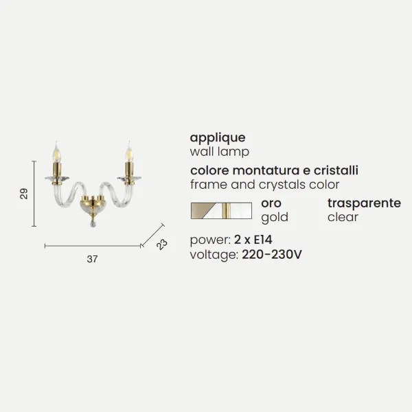 Applique 37 cm RAVEL 2 luci in vetro lavorato a mano Oro