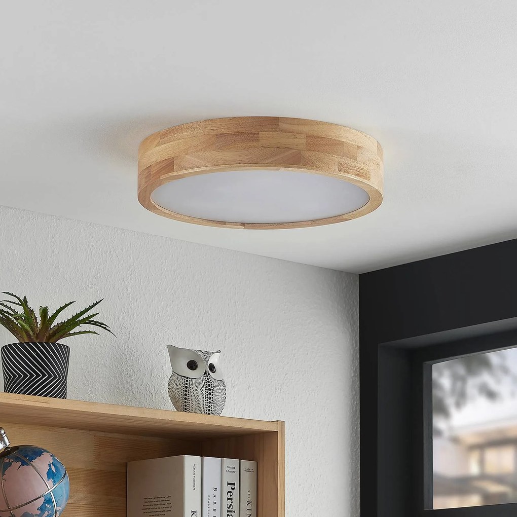 Plafoniera soffitto Tanju Lindby, dimmerabile, Legno chiaro, Soggiorno / Sala da pranzo, Legno, Campagna / Rustiche, Plafoniera