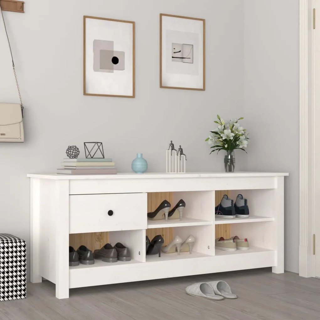 Scarpiera Bianca 110x38x45,5 Cm İn Legno Massello Di Pino /