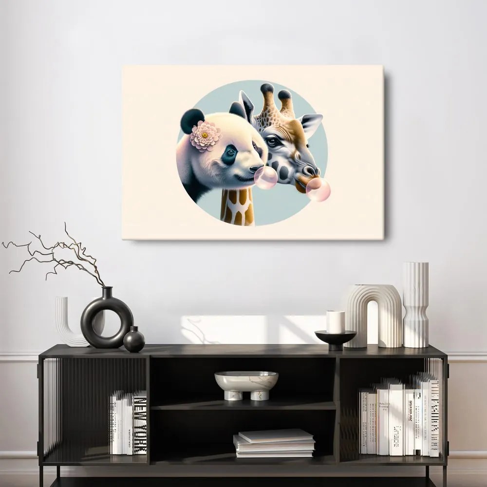 Quadro su tela – Panda e giraffa con bolla di gomma