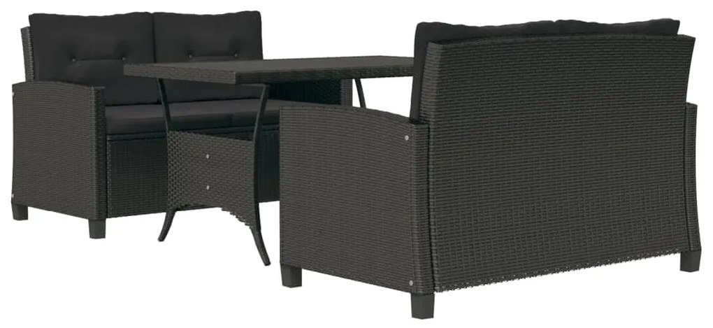 Set da pranzo da giardino 3 pz con cuscini nero in polyrattan