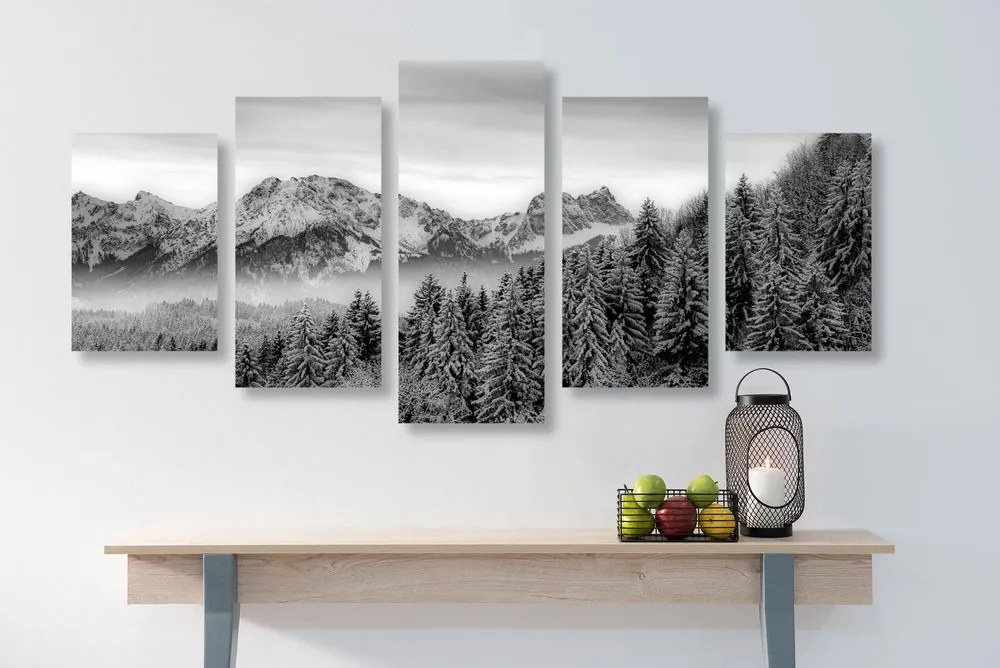 Quadri 5 pezzi – Montagne ghiacciate in bianco e nero