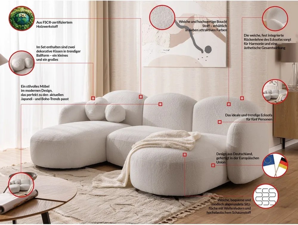 Divano angolare color crema (a U) con rivestimento in bouclé Orbit – Ropez