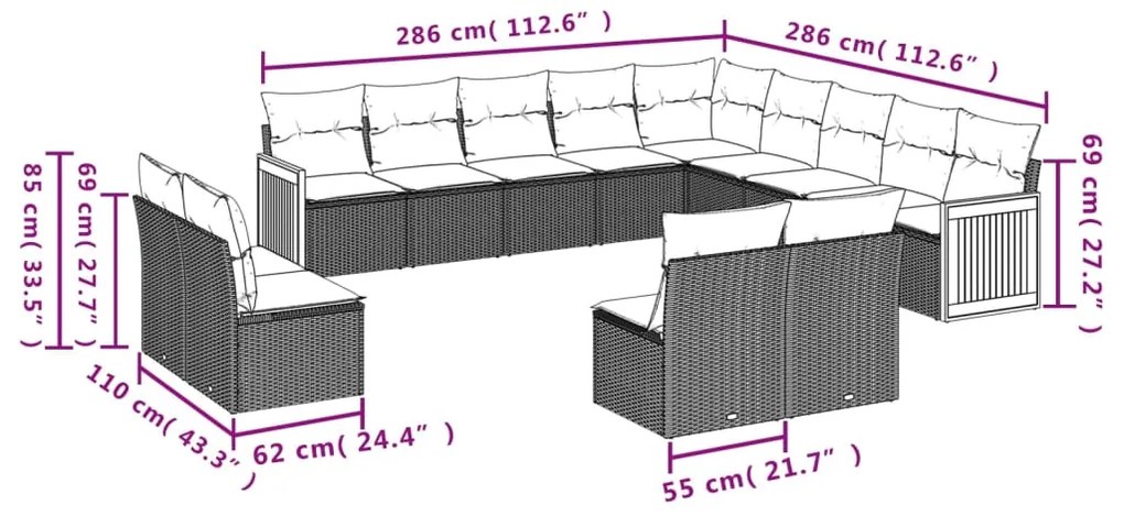 Set divani da giardino 13 pz con cuscini grigio in polyrattan