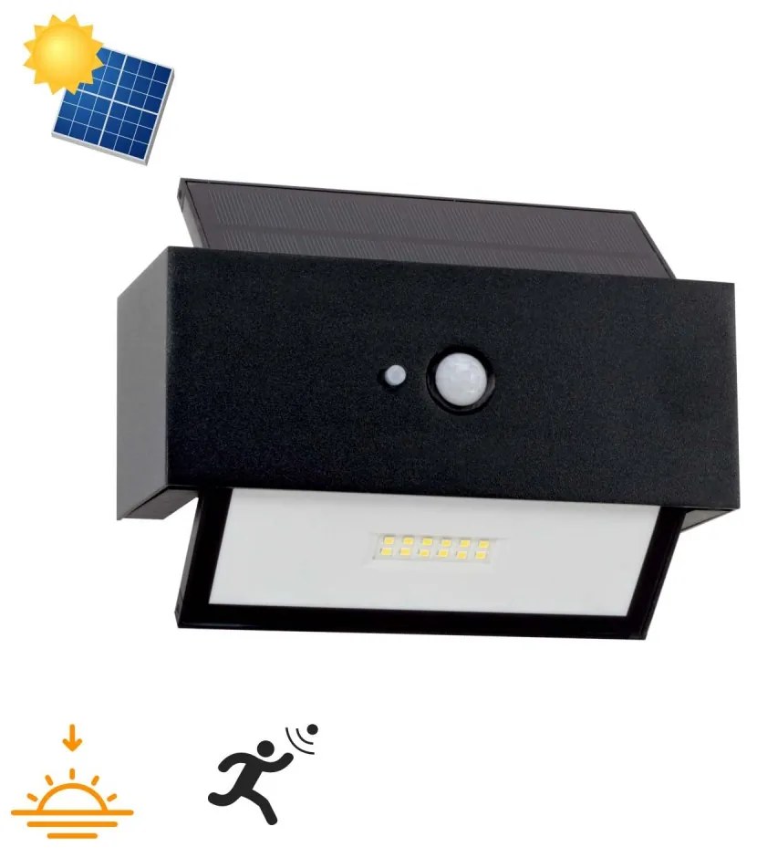 Applique LED Solare Nera, Rettangolare, con Sensore di Movimento Colore Bianco Naturale 4.000K