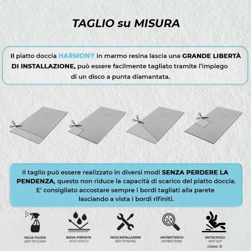 Piatto doccia 90x200 in marmoresina cemento con griglia in acciaio inox Harmony