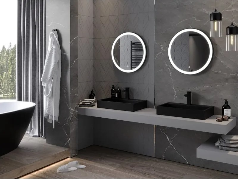 Mexen Esso specchio da bagno illuminato, rotondo 60 cm, LED 6000K, antiappannamento, cornice nera - 9825-060-060-611-70
