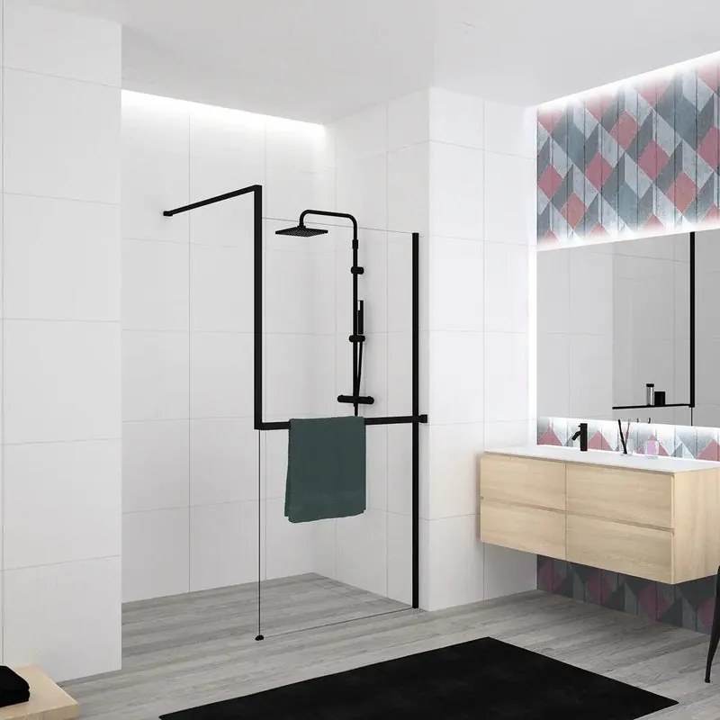 Box doccia walk-in Elidesign, vetro 8 mm, H 200 cm, profilo nero