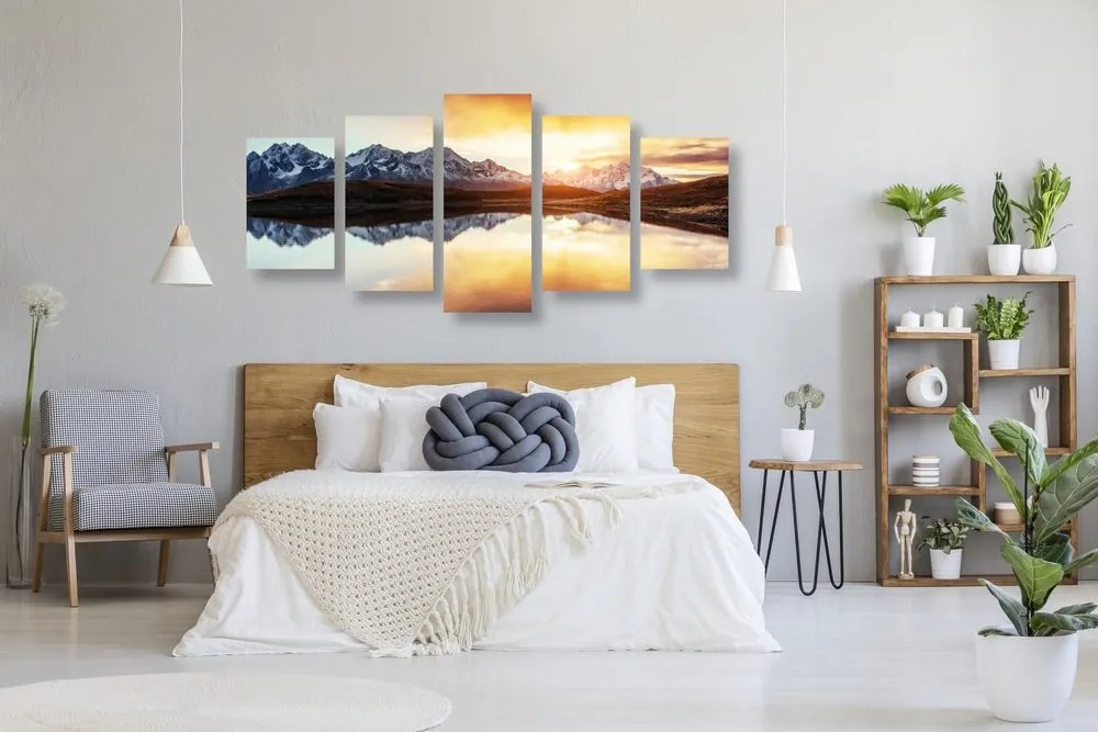 Quadri 5 pezzi – Tramonto abbagliante sul lago di montagna