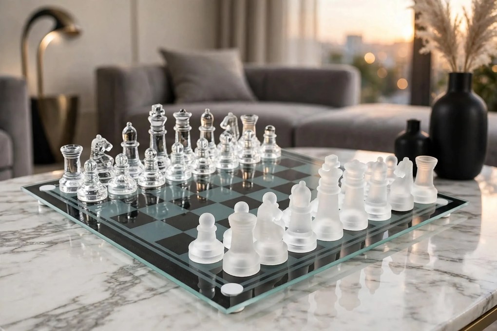 Set Scacchi in Vetro 20 x 20 cm Scacchiera Moderna Gioco Classico con 33 Pezzi Bianco e Nero...