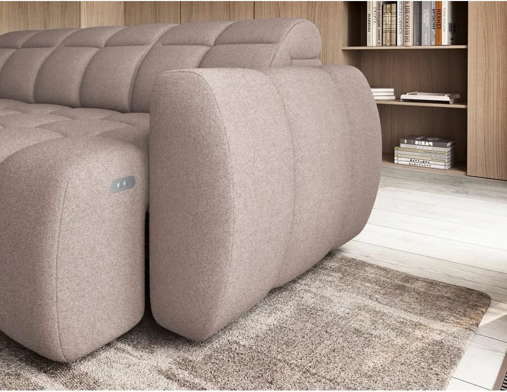 Divano angolare marrone chiaro allungabile/con contenitore (con penisola a sinistra/a L) e rivestimento in bouclé Falconn – ELTAP