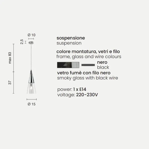 Lampada a sospensione TRENTO 15 cm con diffusore in vetro soffiato Nero