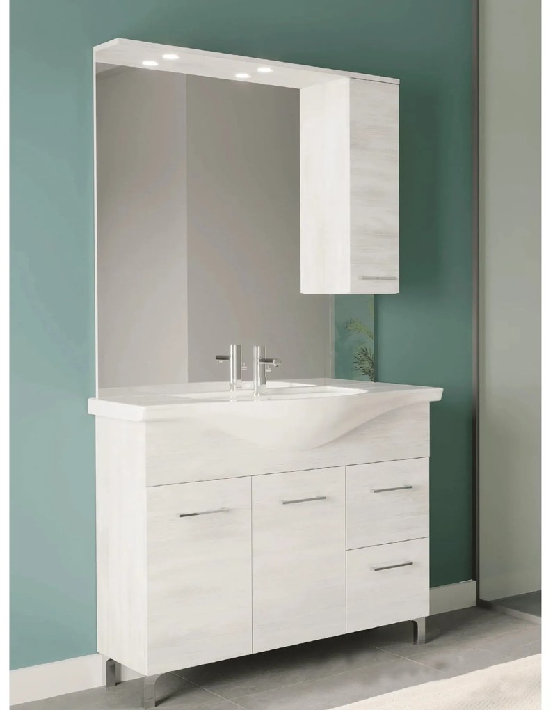 Mobile Bagno a Terra 105 Cm Due Ante Due Cassetti Specchio Con Pensile e Illuminazione Led Savini Due "Rubino" Rovere Bianco