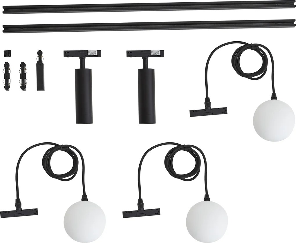 Sistema di illuminazione a binario moderno nero con 2 faretti e 3 luci a sospensione monofase - Slimline Uzzy Eira