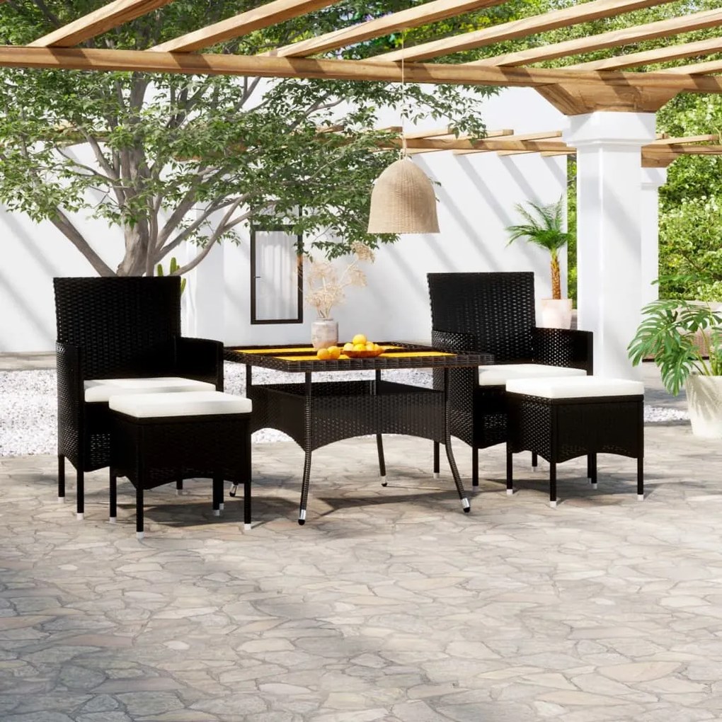 Set pranzo da giardino 5pz polyrattan e massello di acacia nero