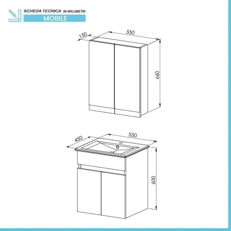 Mobile bagno sospeso 55 cm rovere scuro con specchio contenitore Mona