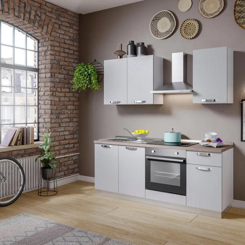 Cucina montata Dora bianco spatolato, lavello a sinistra, L 195 cm, completa di: cappa a camino, piano cottura a induzione, forno