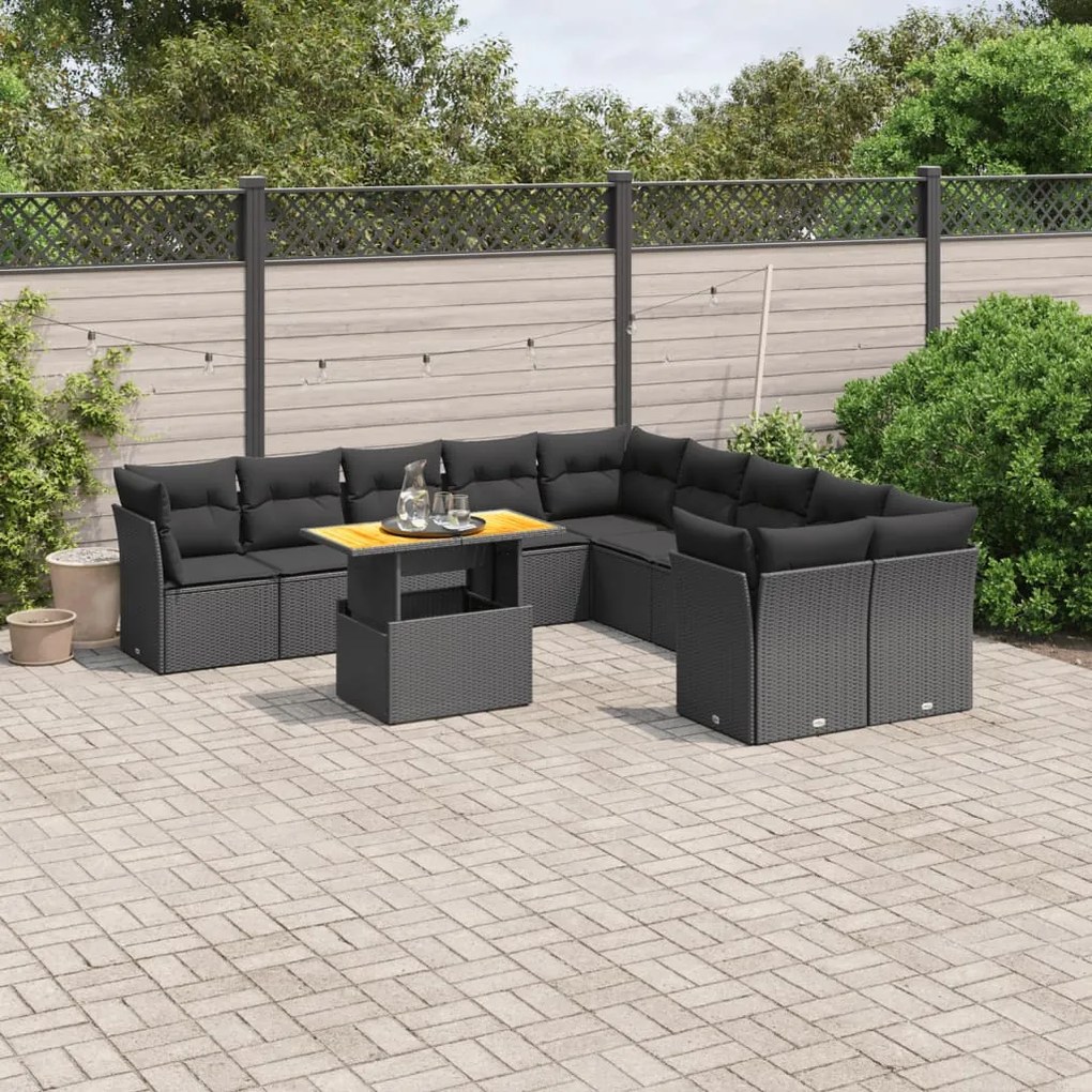 Set Divani da Giardino 11 pz con Cuscini in Polyrattan Nero