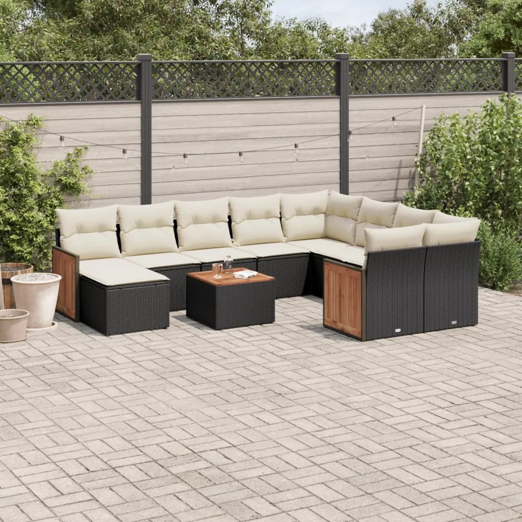 Set divani da giardino 11 pz con cuscini in polyrattan nero