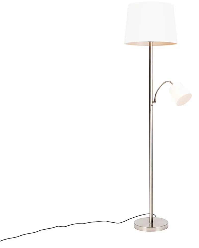 Lampada da terra intelligente in acciaio con paralume bianco incl. Wifi A60 ed E14 - Retro