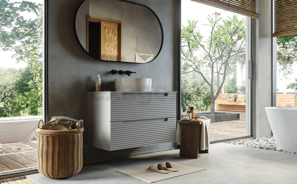 Mobile bagno clear grey 100x45 Mango due cassetti soft close con lavabo tondo da appoggio in ceramica lucida