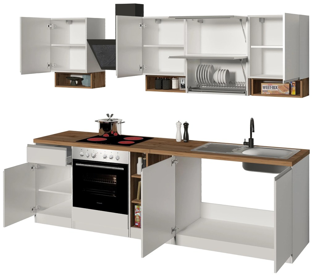 Cucina Lineare SOLE 256 cm - Bianco Lucido e Rovere, Design Moderno
