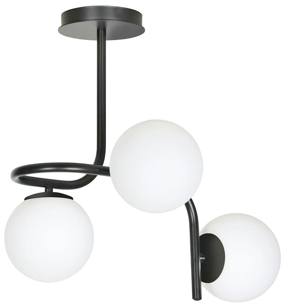 Lampadario 3 Luci Rama In Acciaio Nero A Bracci E Sfere In Vetro Opalino
