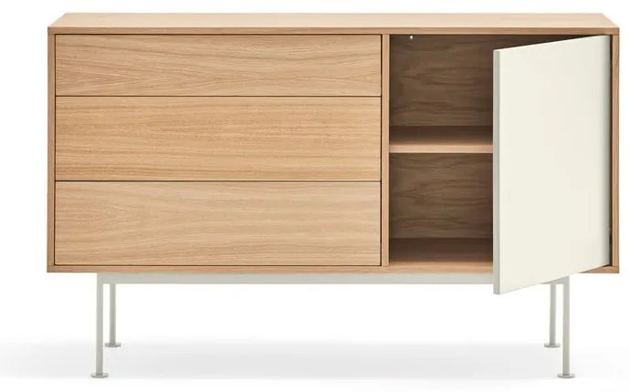 Cassettiera bianco crema con impiallacciatura in rovere, larghezza 128 cm Yoko - Teulat