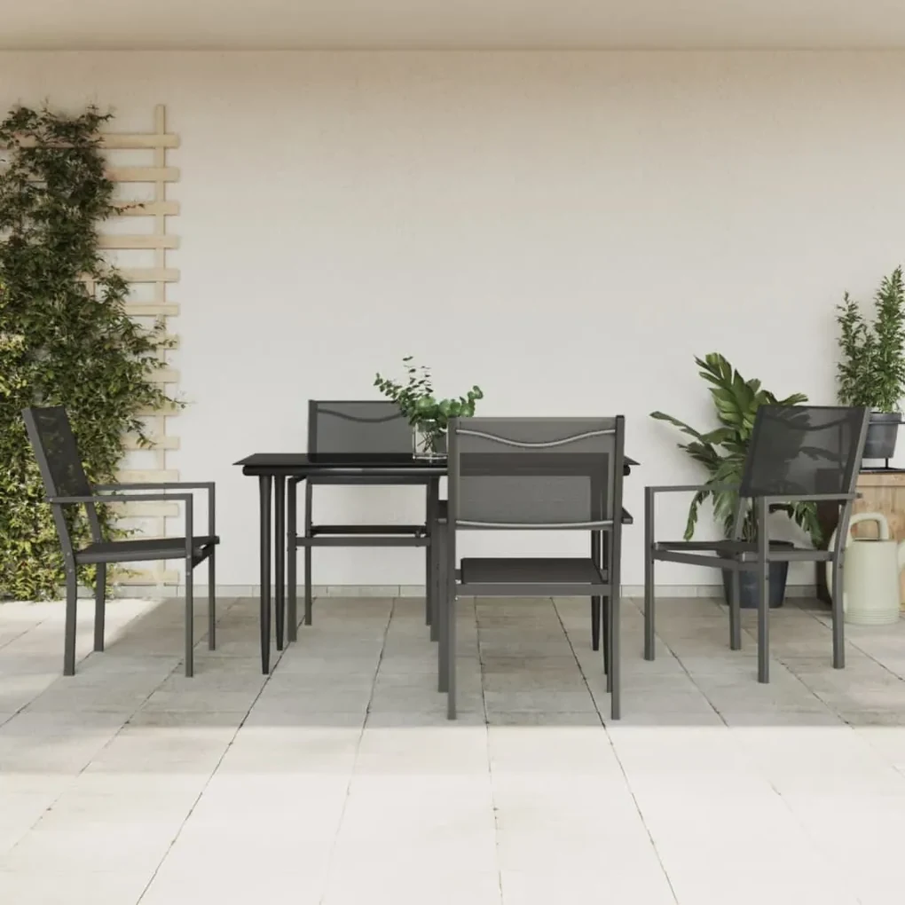 Set da pranzo da giardino 5 pz nero in acciaio e textilene