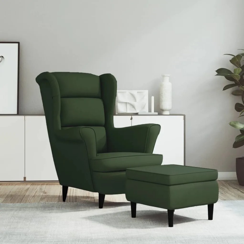 Poltrona Schienale Ad Ala Con Poggiapiedi Verde Scuro Velluto /