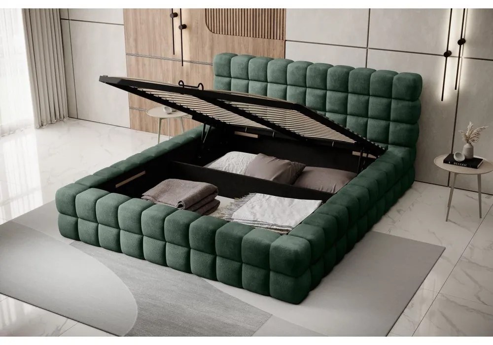 Letto matrimoniale imbottito verde scuro con contenitore e rete inclusi 180x200 cm Dizzle – ELTAP