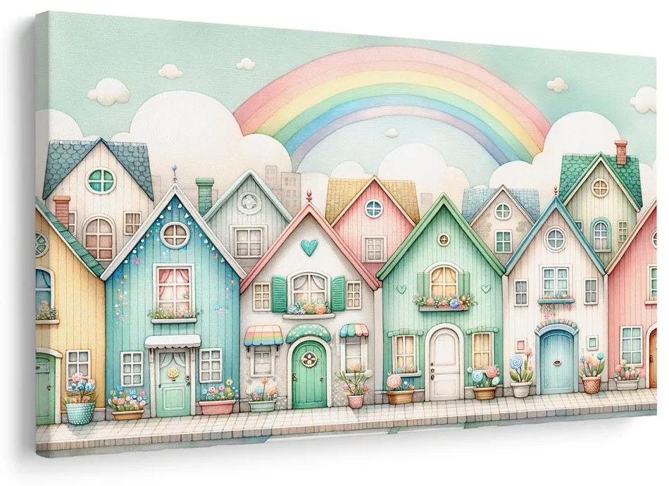 Quadro su tela – Casette pastello con arcobaleno