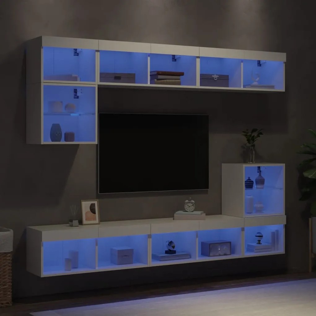 Mobili Tv A Muro Con Led 8pz Bianchi İn Legno Multistrato /