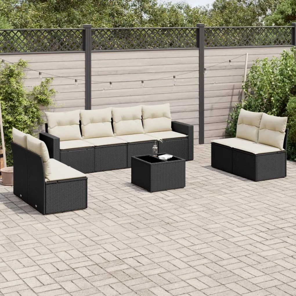 Set divani da giardino 9 pz con cuscini nero in polyrattan