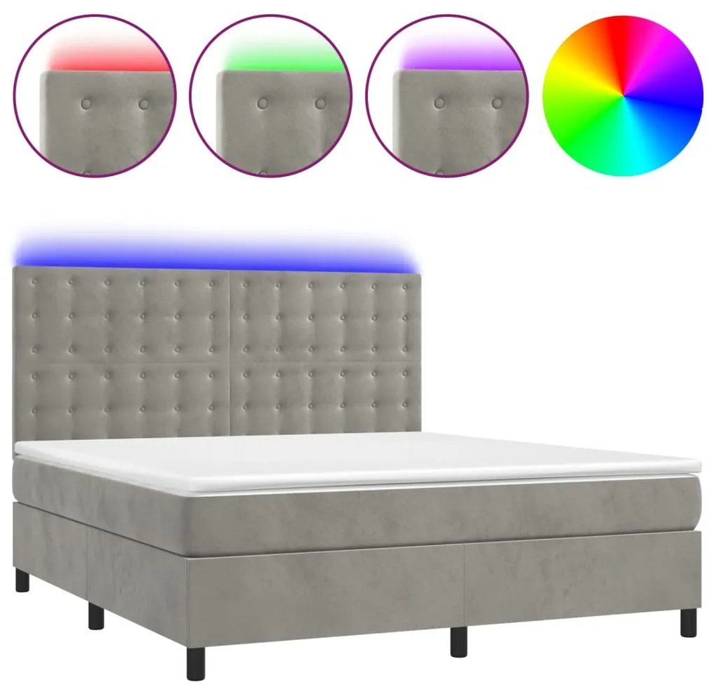 Letto a molle materasso e led grigio chiaro 160x200 cm velluto