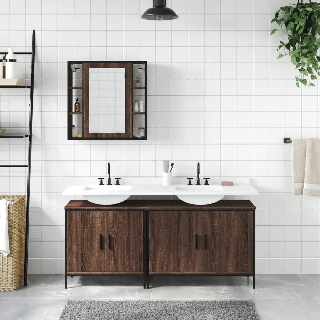 Set mobili da bagno 3 pz rovere marrone in legno multistrato