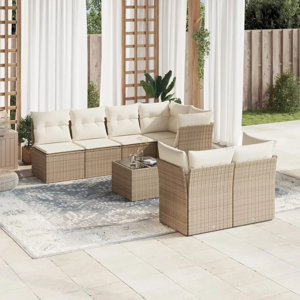 Set divano da giardino 8 pz con cuscini beige in polyrattan