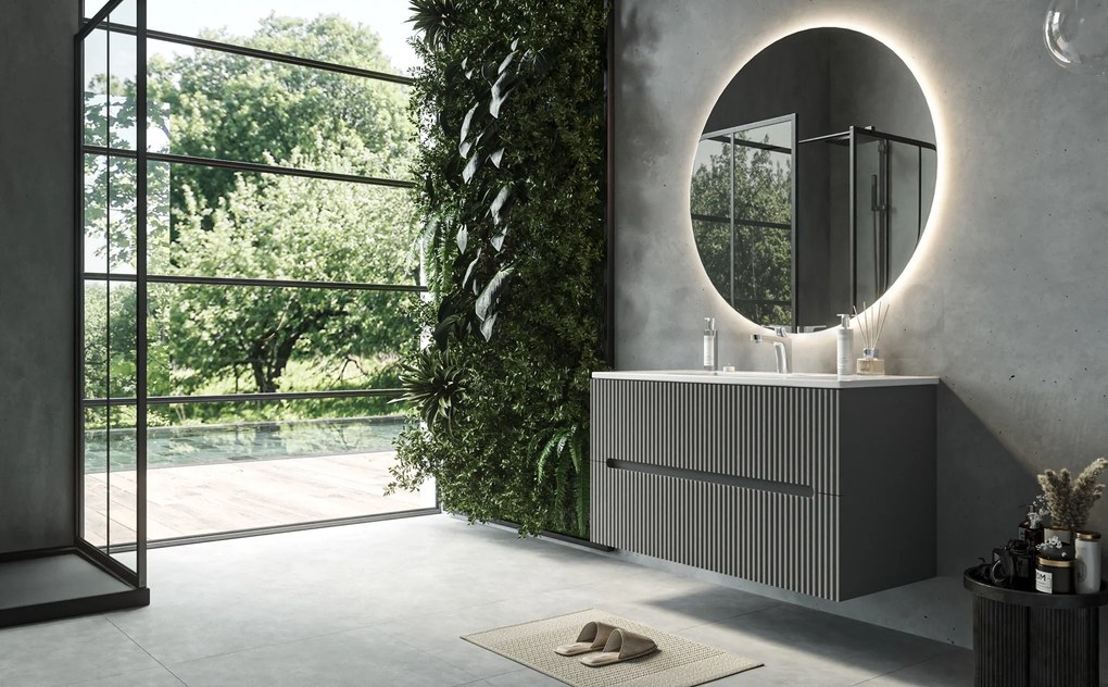 Mobile bagno grigio 100x46 cannettato Urbino 2.0 con lavabo in resina e due cassetti