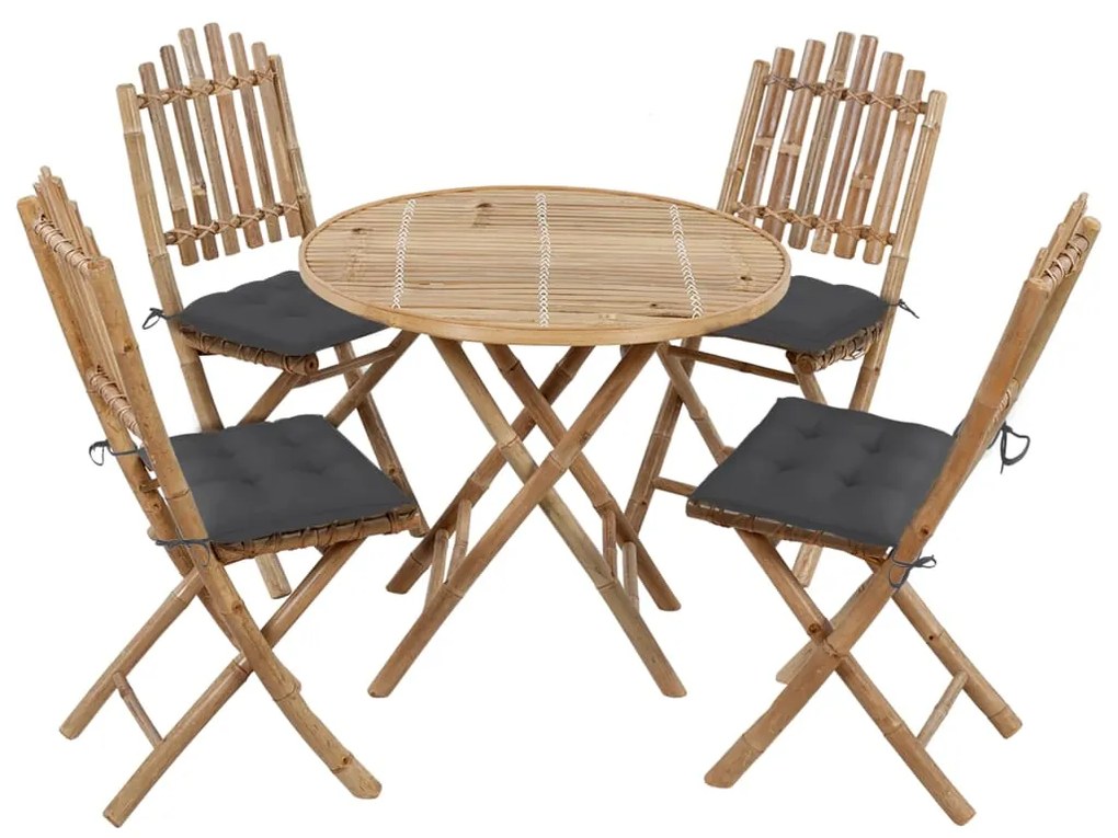 Set Da Pranzo Da Giardino 5 Pz Pieghevole Con Cuscini İn Bambù /
