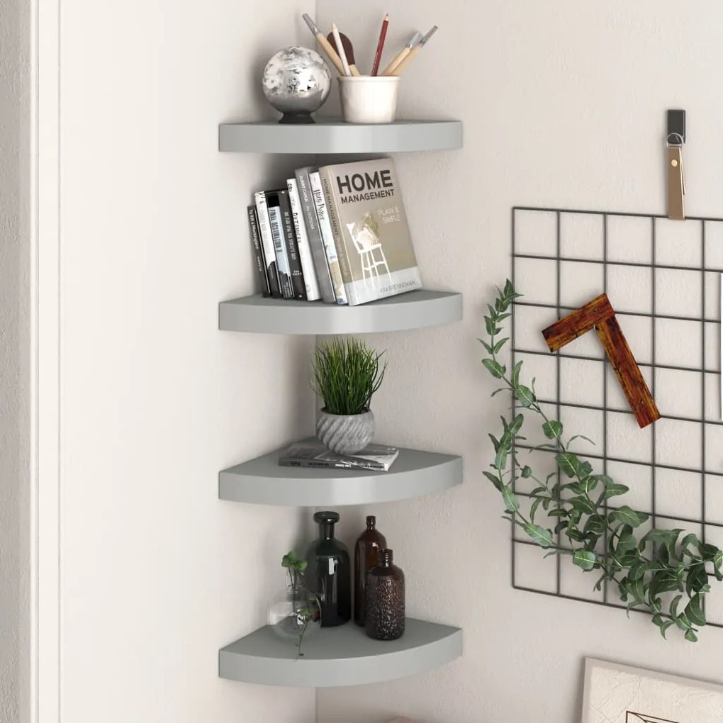 Scaffali Angolari A Parete 4 Pz Grigi 25x25x3,8 Cm İn Mdf /